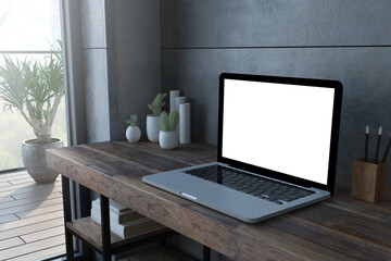 laptop on wooden desktop