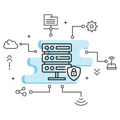 Data Center Insurance Concept, Secured VPS Rack Vector Glyph Icon Design, Cloud computing and Internet hosting services Symbol on White background
