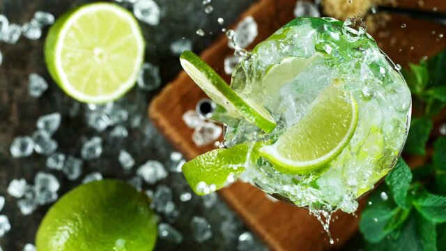 Refreshing mojito cocktail in a glass on black stone table, macro super slow motion filmed on high speed cinematic camera.