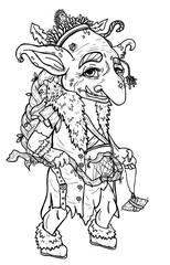 Isolated fantasy character, kind fairytale goblin wizard with big nose and pointed ears, in fur vest, with a cane and a magic crystal, with a little mouse on a shoulder and small hedgehog on his head.