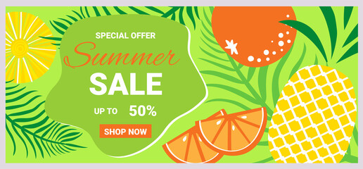 Summer banner with pineapple, oranges and tropical leaves. Discounts, sale. Postcard, poster, wallpaper, cover, web, vector illustration.