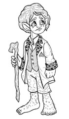 Fantasy hero traveler, a fairytale round-faced little man with big legs and pointed ears, wearing a jacket with pattern and a vest on buttons, in polka-dot trousers and with a walking stick in hand.