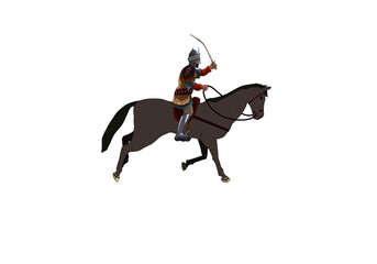 man on the brown horse with sword	