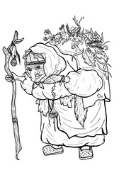 Fairytale swamp sorceress with mushrooms and plants, the old woman with a glade on the hump, with a leaves and grass, with a sleeping cat in flowers, in a dress with a magic lamp and a walking stick.