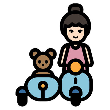 A Woman Riding Motorcycle With A Teddy Bear On The Sidecar