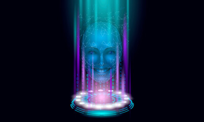 Virtual assistant voice recognition service technology. AI artificial intelligence robot support. Chatbot beautiful female face low poly vector illustration