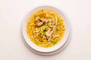 Peruvian recipe of chicken broth with vegetables