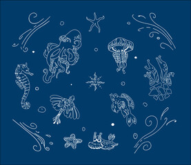 Vector marine set with 9 sea animals. Underwater world. Octopus, medusa, seahorse, starfish  and other unusual monsters in linear style.