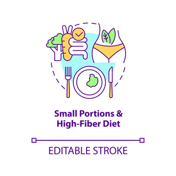 Small Portions And High Fiber Diet Concept Icon. Eating In Small Amounts. Healthy Diet For Diabetes Abstract Idea Thin Line Illustration. Vector Isolated Outline Color Drawing. Editable Stroke