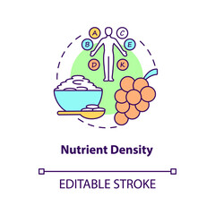 Nutrient density concept icon. Amount of nutritions included in food. Quality of meals. Healthy eating abstract idea thin line illustration. Vector isolated outline color drawing. Editable stroke