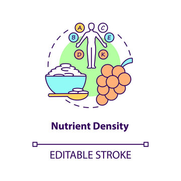 Nutrient Density Concept Icon. Amount Of Nutritions Included In Food. Quality Of Meals. Healthy Eating Abstract Idea Thin Line Illustration. Vector Isolated Outline Color Drawing. Editable Stroke