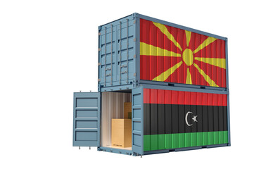 Two freight container with North Macedonia and Libya national flag. 3D Rendering
