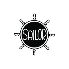 Rudder icon and lettering SAILOR. Outline drawing, doodle, black and white illustration, vector Stock.