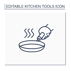 Stainless steel skillet line icon. Fry pan. Flat-bottomed pan. Used for frying, searing, and browning foods.Kitchen tools concept. Isolated vector illustration. Editable stroke