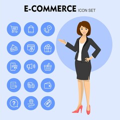 Fototapeta na wymiar Business woman in office style clothes showing.with Simple Set of E-Commerce Line Icons. vector illustration
