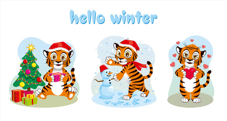 Concept hello winter 2022. Vector illustration of tiger cubs from winter months