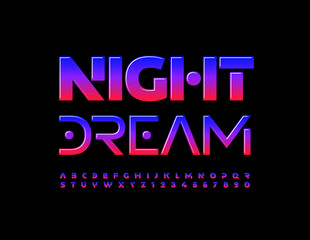 Vector creative concept Night Dream. Bright glossy Font. Abstract Alphabet Letters and Numbers set