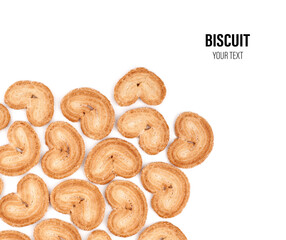 Puff pastry cookies. Fresh puff pastry cookies in the shape of a heart. Classic French pastries. Pig ear, elephant ear cookies, French hearts. Heart shaped puff pastry isolated on white background