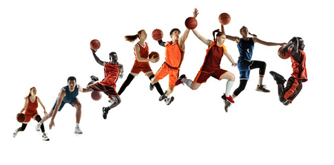 Collage of different professional sportsmen, fit people in action and motion isolated on white...