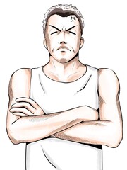 漫画風カラー_腕を組んで怒る頑固おじさん_縦