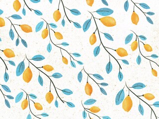 Sprigs with leaves and lemons, pattern. The illustration is drawn by hand, with curved lines. Ready design for fabric, clothing and other objects.