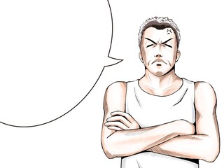 漫画風カラー_腕を組んで怒る頑固おじさん_横_吹き出し