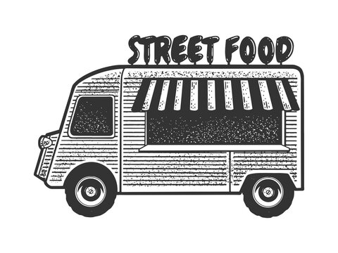 Street food truck line art sketch engraving vector illustration. T-shirt apparel print design. Scratch board imitation. Black and white hand drawn image.