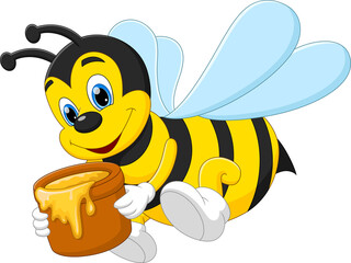 cartoon cute bee carrying honey in a bucket