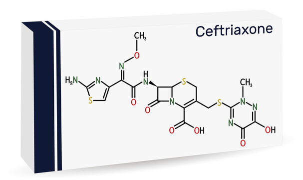 Ceftriaxone molecule. It is broad-spectrum third-generation cephalosporin antibiotic. Skeletal chemical formula. Paper packaging for drugs
