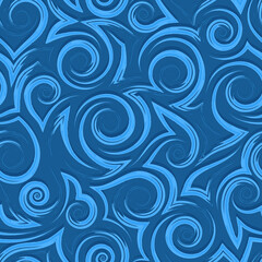 Vector blue geometric seamless pattern of flowing spirals curls and corners.Vector nautical geometric seamless texture of smooth and broken lines.Stylized blue pattern of water flow or waves.