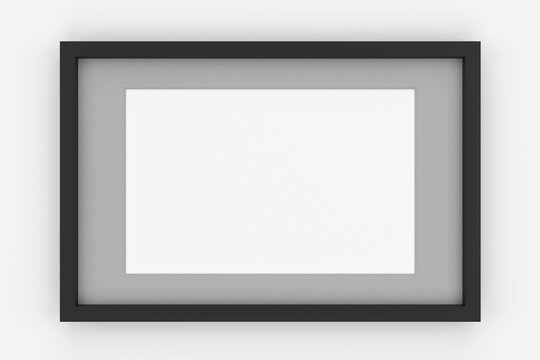 Black frame with grey passepartout on white background. 3D rendering.