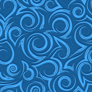 Vector blue geometric seamless pattern of flowing spirals curls and corners.Vector nautical geometric seamless texture of smooth and broken lines.Stylized blue pattern of water flow or waves.