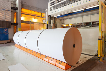 Big rolls of paper coming out of the machinery in a paper mill plant. - obrazy, fototapety, plakaty