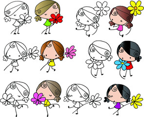 vector cartoon girls hold flowers set background