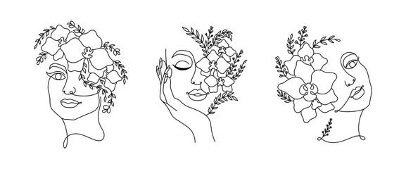 Line art women faces with flowers. Continuous line art in minimalistic style for prints, tattoos, posters, textile, cards etc.