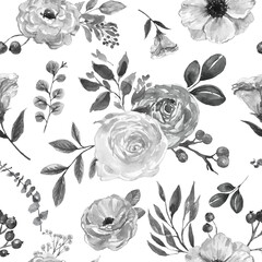 Watercolor black, grey and white flowers seamless pattern. Monochrome floral print. Vintage style botanical wallpaper. Hand painted beautiful natural ornament.