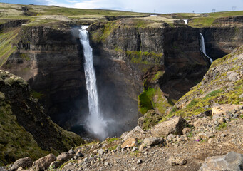 View of the landscape of the Haifoss waterfall in Iceland.