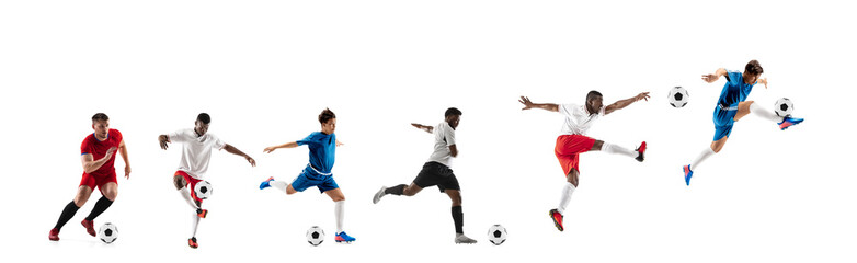 Professional football soccer players with ball isolated on white studio background. Collage with...