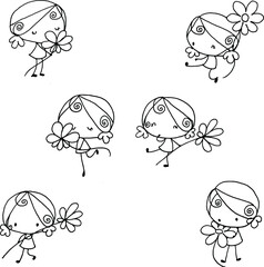 vector cartoon girls hold flowers set background
