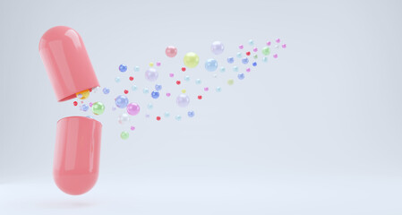 Abstract Green capsule supplement with dispersed particles rich in collagen, vitamin E, and natural extracts. food supplement brand concept white isolated background with copy space 3d rendering.