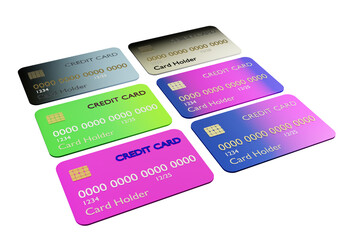 Credit bank cards on a white background. They symbolize use of bank loans. Multi-colored cards for ATM. Credit card layouts with many zeros instead of numbers. Getting bank loans. 3d image.