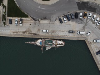 Aerial View Old Wooden Antique Pirate Ship With British, United kingdom Of Great Britain And...