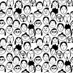 Hand drawn doodle vector diversity people faces. Black and white funny different emotions smiley faces.