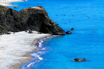 Mediterranean sea beach. White sand beach. Summer day seascape. Clear Water texture. Aerial view,...