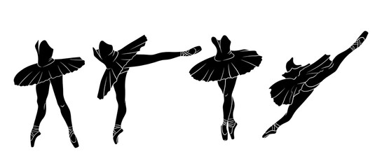 Ballet set. Ballerina in pointe shoes and a tutu. Dancer's legs. Silhouette.