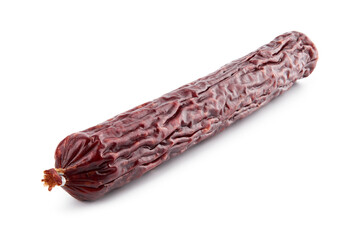 Salami smoked sausage piece isolated on white background. Salami, salami smoked sausage. Smoked meat. Meat products. Ingredients for the sandwich.