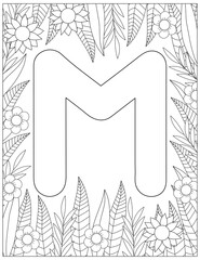 Letter M coloring page. Floral coloring.