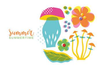 Greeting card with beautiful leaves and flowers. Cartoon vector illustration, banner, art print, flyer . Multicolored flowers  and mushrooms on white background, offset effect, birthday card design.