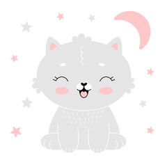 Baby room poster with cute gray kitten with pink moon. Simple vector illustration isolated on white background