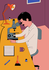 Vector outline illustration of a scientist with microscope in laboratory.